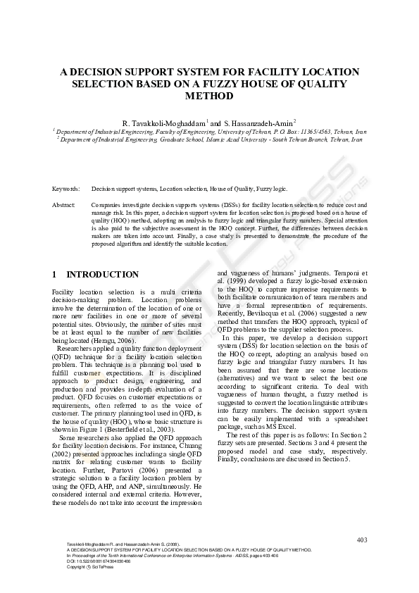 (PDF) A Decision Support System for Facility Location Selection Based ...