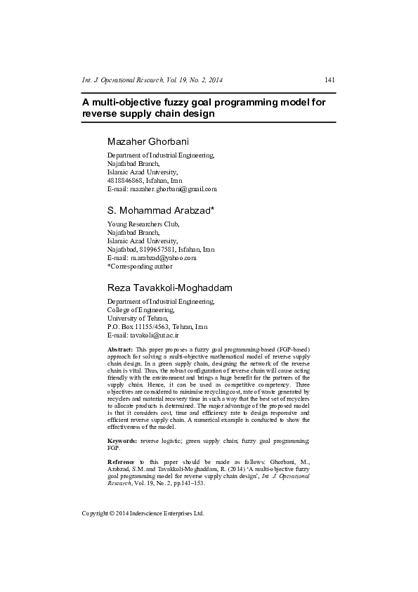 (PDF) A multi-objective fuzzy goal programming model for reverse supply ...