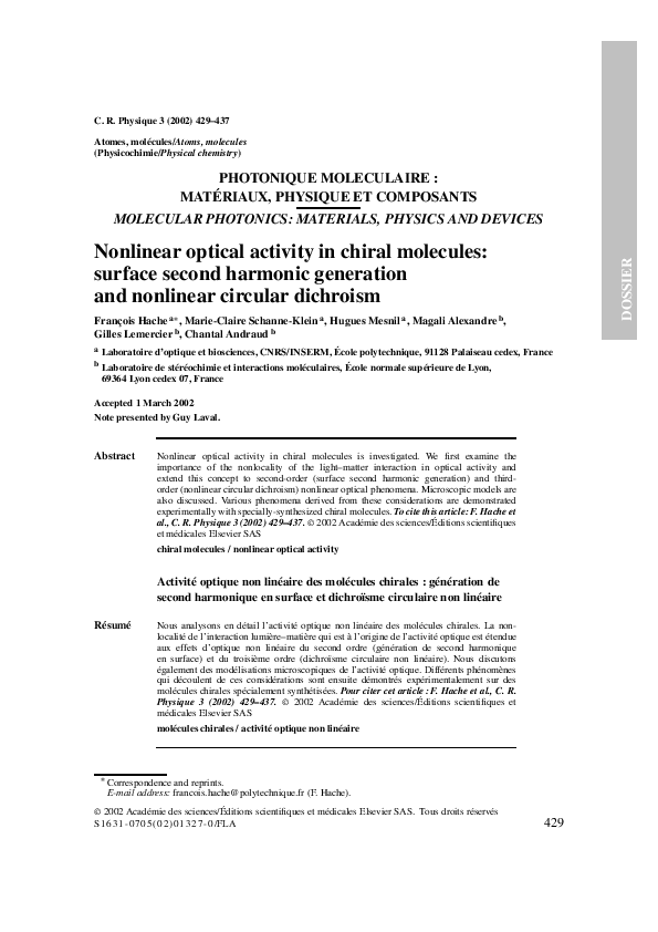 (PDF) Nonlinear optical activity in chiral molecules: surface second ...