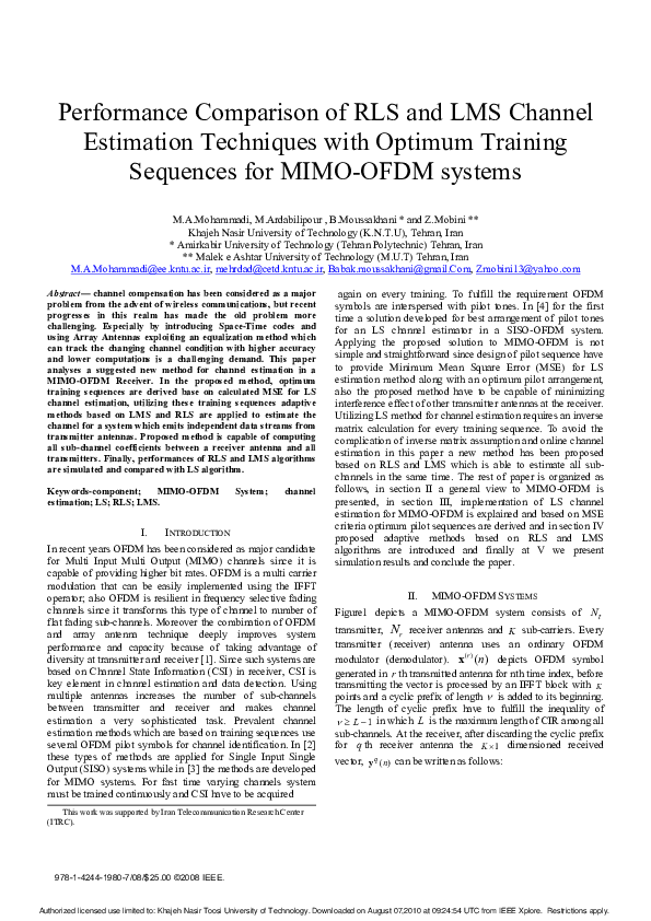 (PDF) Performance comparison of RLS and LMS channel estimation ...
