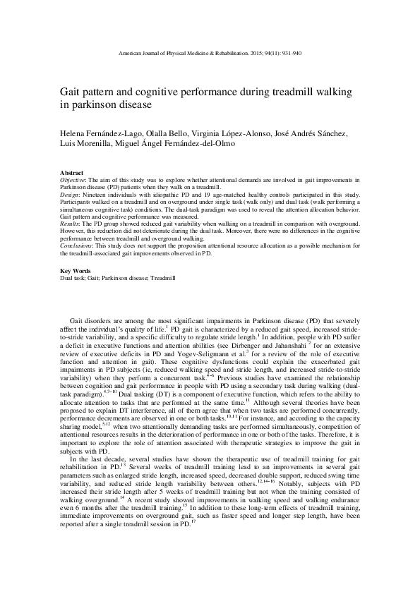 (PDF) Gait Pattern and Cognitive Performance During Treadmill Walking ...