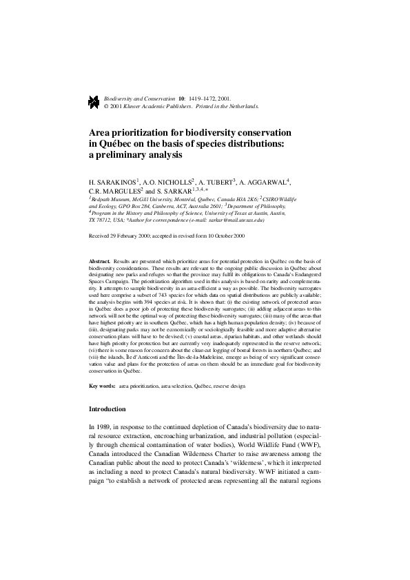 (PDF) Area prioritization for biodiversity conservation in Québec on ...