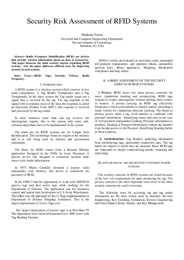 (PDF) Security Risk Assessment of RFID Systems