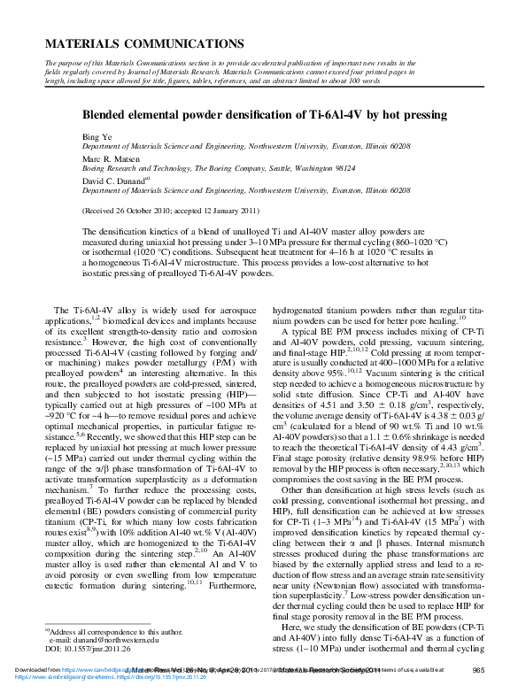 (PDF) Blended elemental powder densification of Ti-6Al-4V by hot pressing