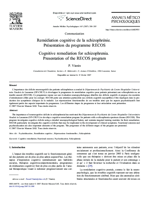 (PDF) Remédiation cognitive de la schizophrénie. Présentation du ...