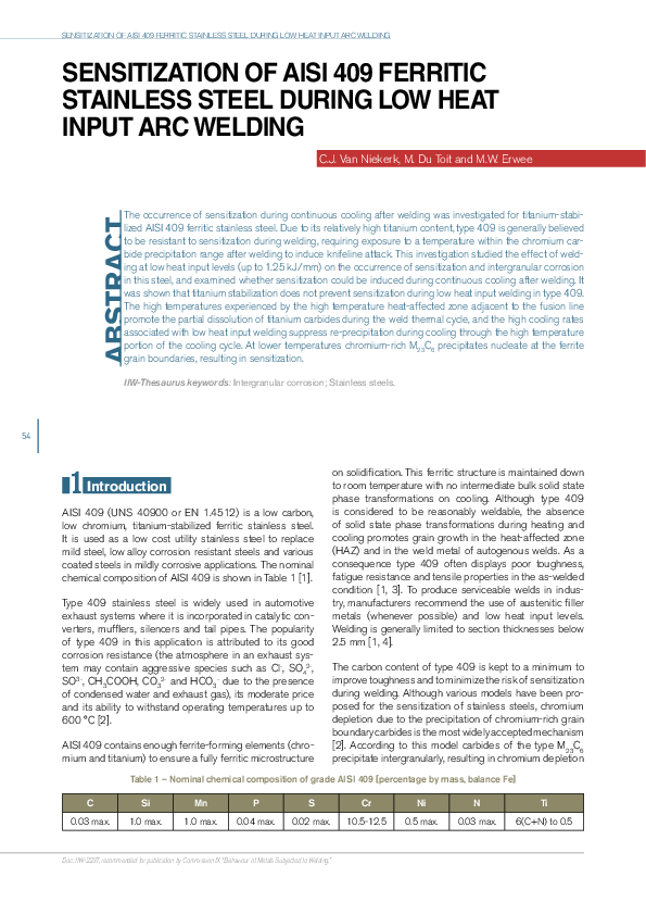 (PDF) Sensitization Of Aisi 409 Ferritic Stainless Steel During Low ...