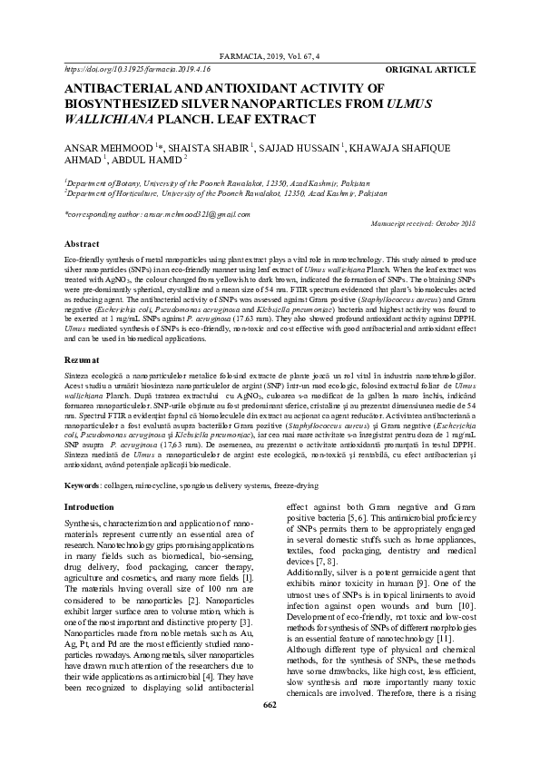 (PDF) Antibacterial and Antioxidant Activity of Biosynthesized Silver ...