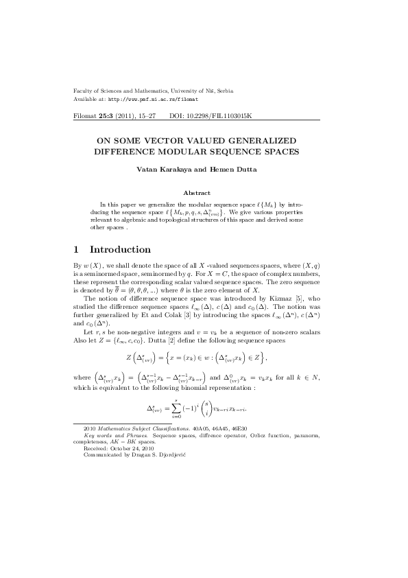 (PDF) On some vector valued generalized difference modular sequence spaces