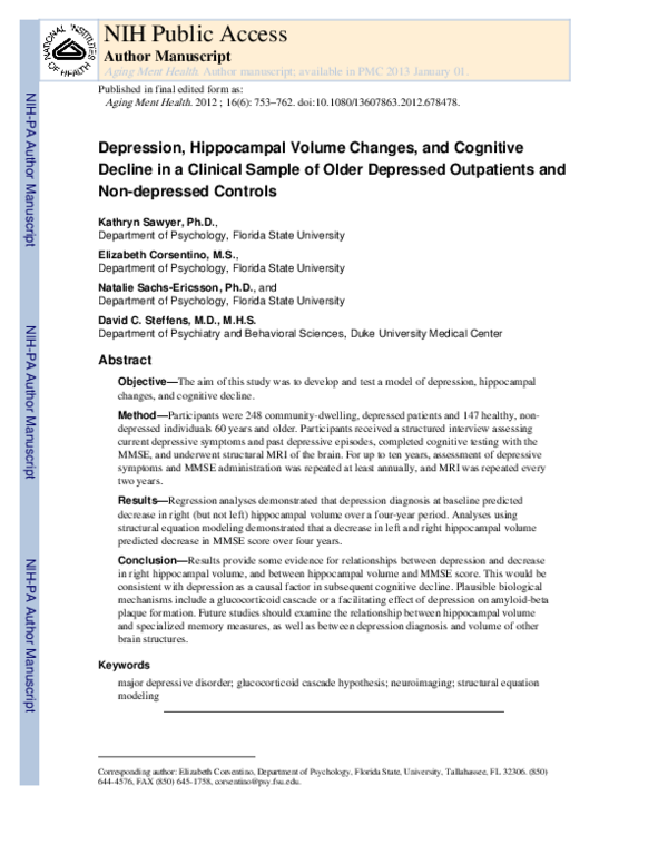 (PDF) Depression, hippocampal volume changes, and cognitive decline in ...