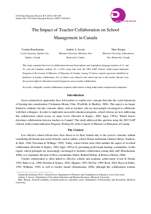 (PDF) The Impact of Teacher Collaboration on School Management in Canada