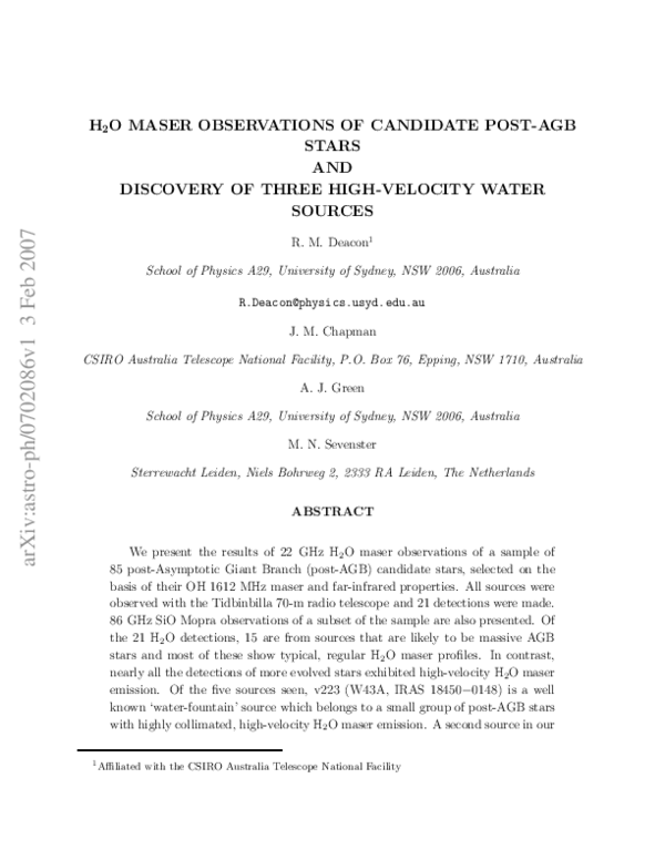 (PDF) H 2 O Maser Observations of Candidate Post‐AGB Stars and ...