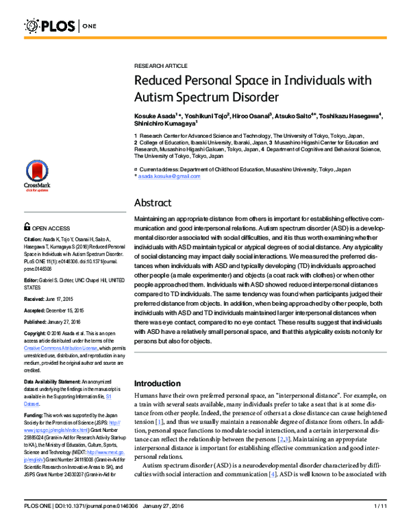 (PDF) Reduced Personal Space in Individuals with Autism Spectrum Disorder