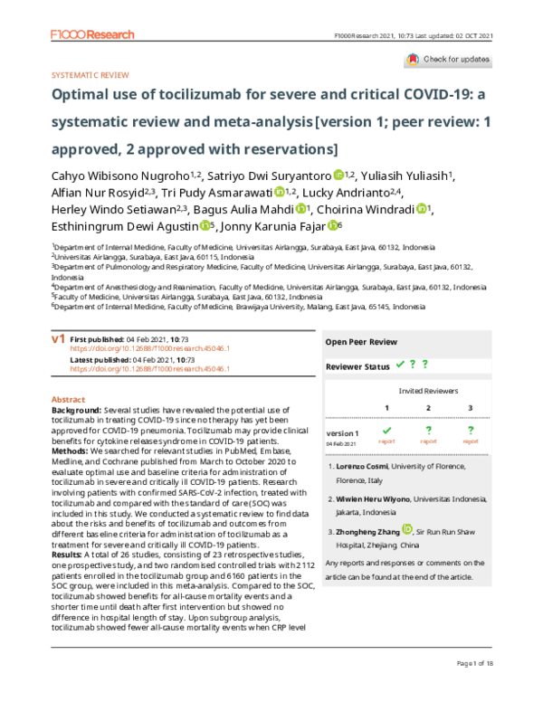 (PDF) Optimal use of tocilizumab for severe and critical COVID-19: a ...