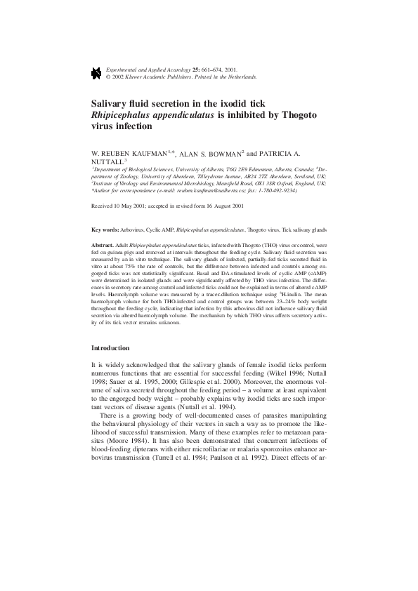 (PDF) Salivary fluid secretion in the ixodid tick Rhipicephalus ...