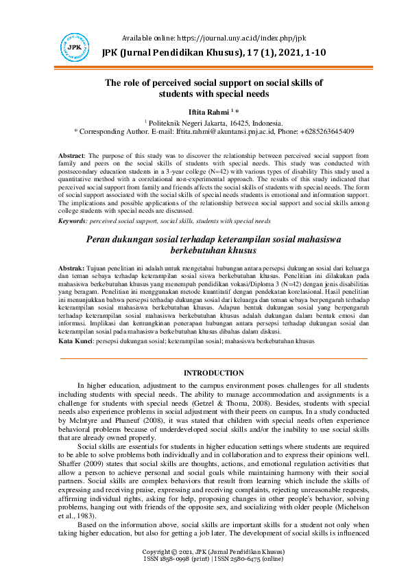 (PDF) The role of perceived social support on social skills of student ...