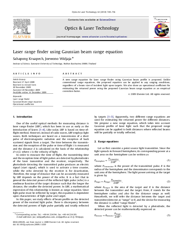 (PDF) Laser range finder using Gaussian beam range equation Sahapong