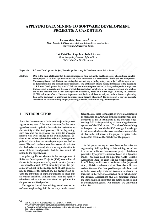 (PDF) Applying Data Mining to Software Development Projects: A Case Study