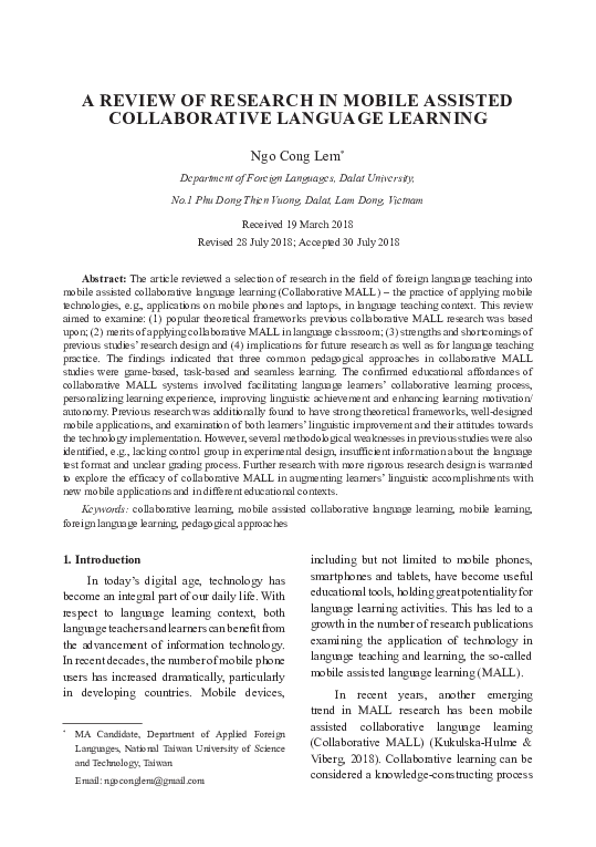 (PDF) A REVIEW OF RESEARCH IN MOBILE ASSISTED COLLABORATIVE LANGUAGE ...