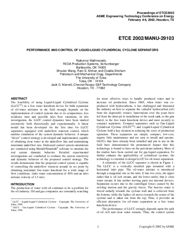 (PDF) Performance and Control of Liquid-Liquid Cylindrical Cyclone ...