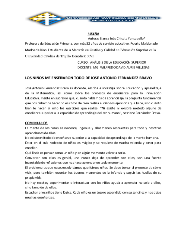 (DOC) LOS NIÑOS ME ENSEÑARON TODO DE JOSE ANTONIO FERNANDEZ BRAVO blanca ines chicata (DOC) LOS NIÑOS ME ENSEÑARON TODO DE JOSE ANTONIO FERNANDEZ BRAVO blanca ines chicata