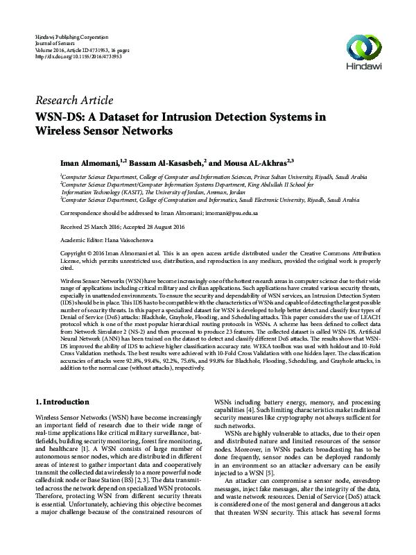 (PDF) WSNDS A Dataset for Intrusion Detection Systems in Wireless