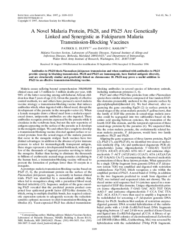 (PDF) A novel malaria protein, Pfs28, and Pfs25 are genetically linked ...