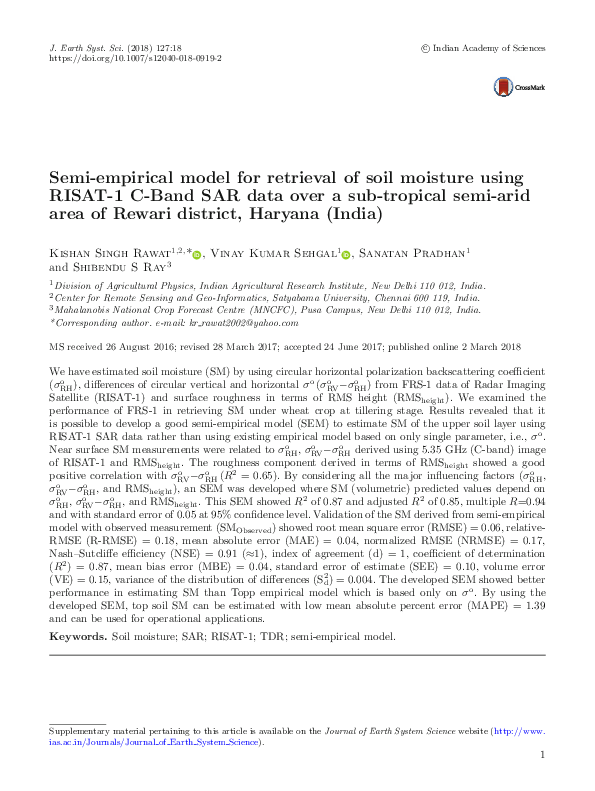 (PDF) Semi-empirical model for retrieval of soil moisture using RISAT-1 ...