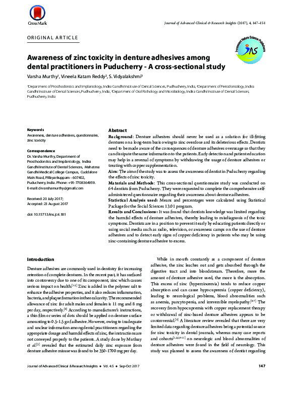 (PDF) Awareness of zinc toxicity in denture adhesives among dental