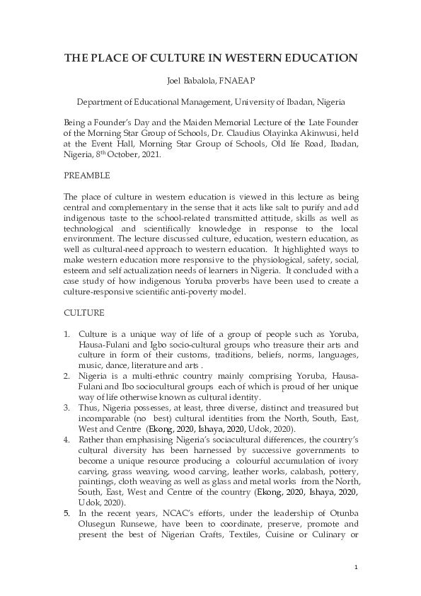 (PDF) THE PLACE OF CULTURE IN WESTERN EDUCATION