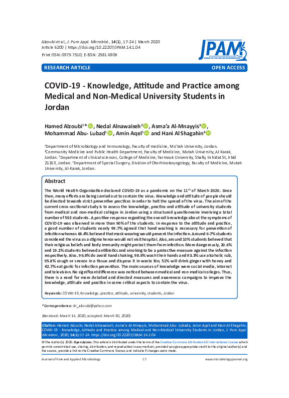 (PDF) COVID-19 - Knowledge, Attitude and Practice among Medical and Non ...
