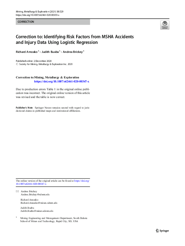 (PDF) Correction to: Identifying Risk Factors from MSHA Accidents and ...