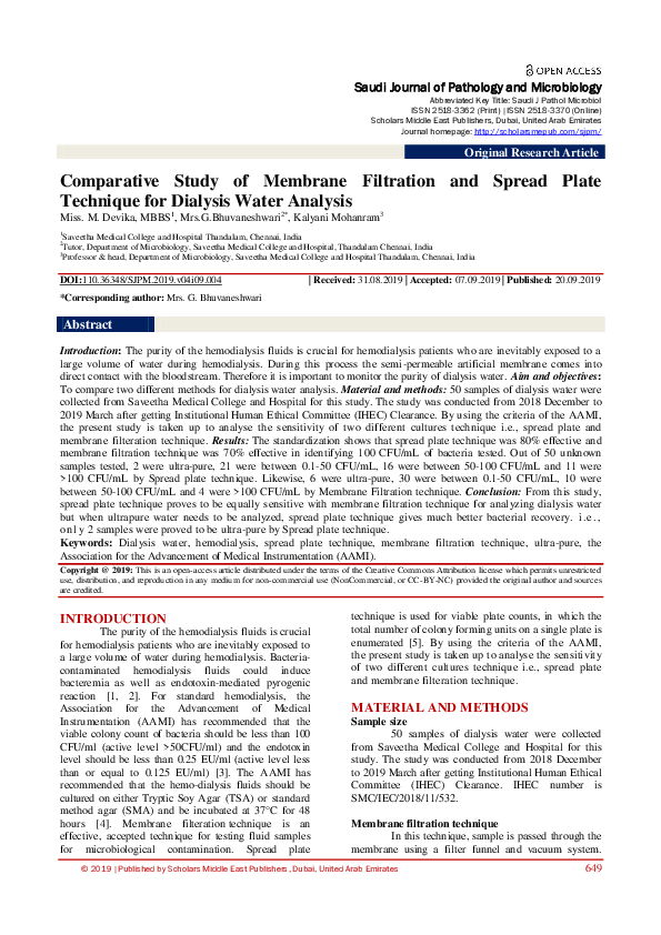 (PDF) Comparative Study of Membrane Filtration and Spread Plate
