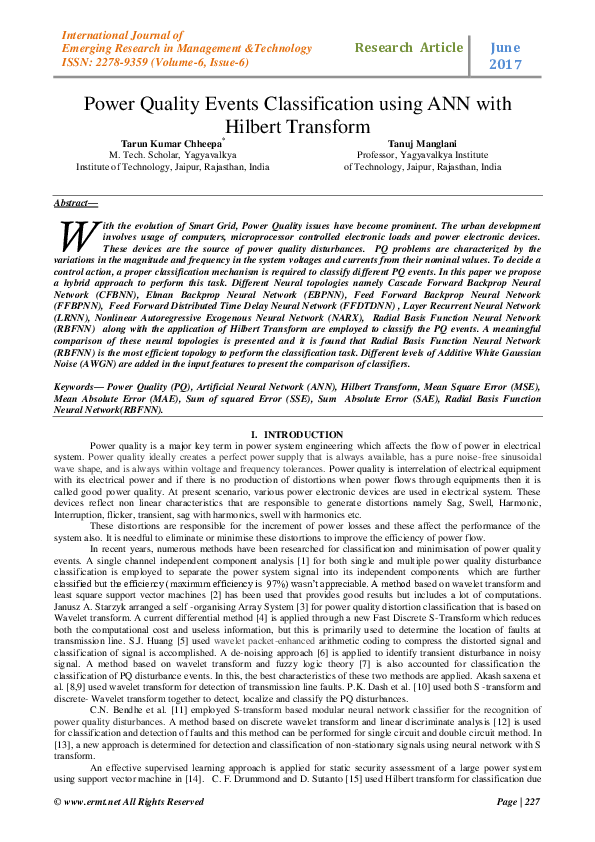 (PDF) Power Quality Events Classification using ANN with Hilbert Transform