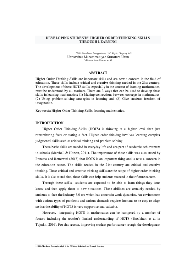 (PDF) DEVELOPING STUDENTS' HIGHER ORDER THINKING SKILLS THROUGH LEARNING