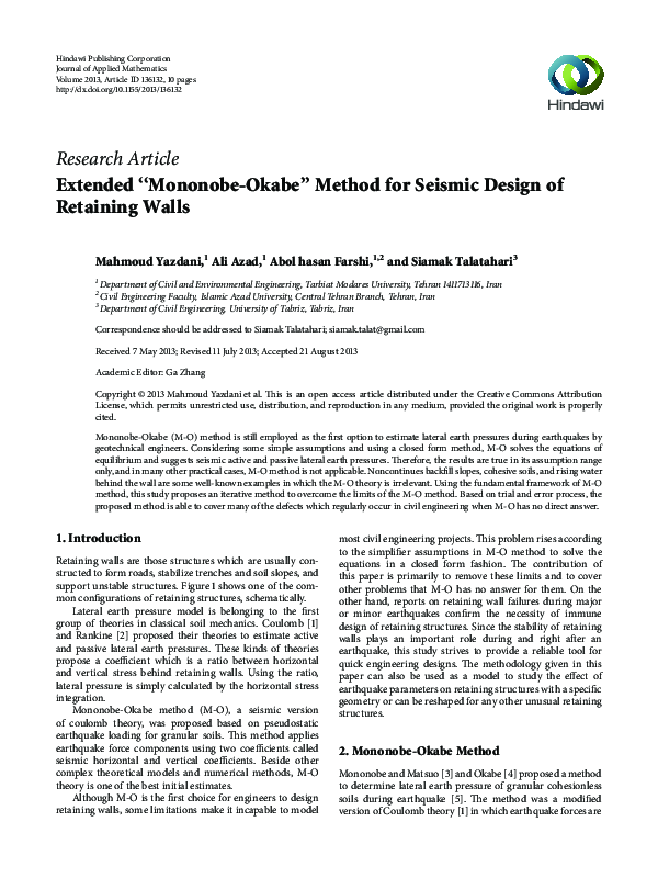 (PDF) Extended “Mononobe-Okabe” Method for Seismic Design of Retaining ...