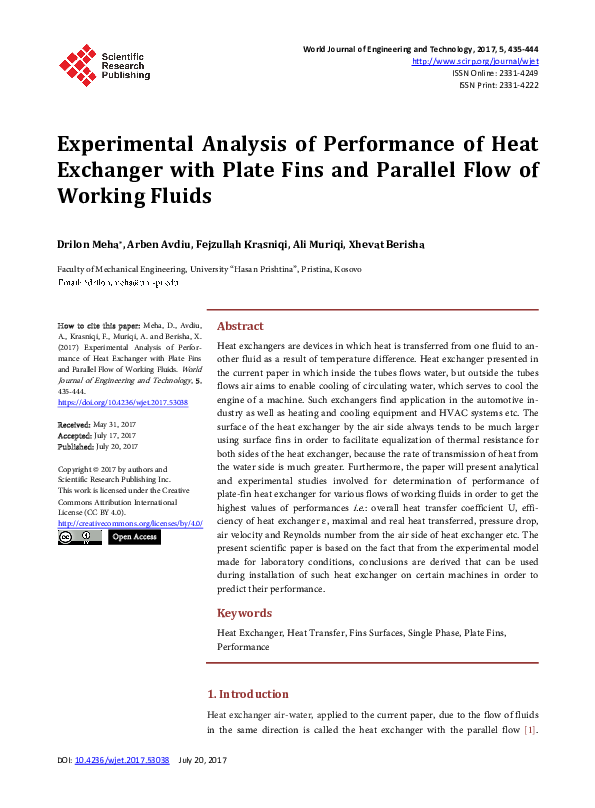 (PDF) Experimental Analysis of Performance of Heat Exchanger with Plate ...
