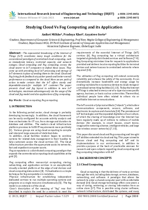 (PDF) IRJET- Studying Cloud Vs Fog Computing and its Application