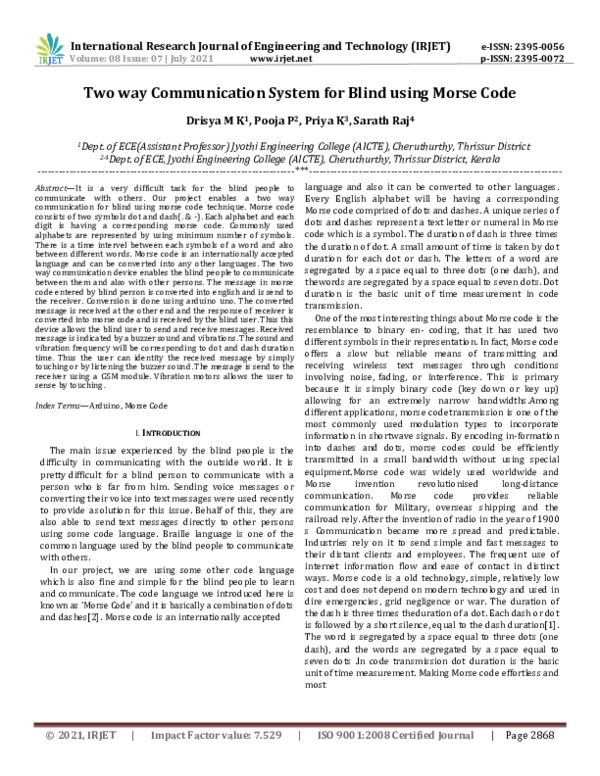 (PDF) IRJET- Two way Communication System for Blind using Morse Code
