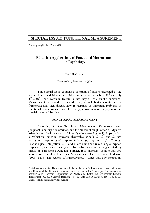 (PDF) Editorial: Applications of Functional Measurement in Psychology