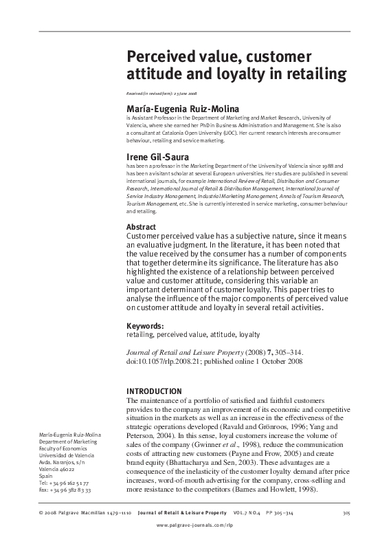 (PDF) Perceived value, customer attitude and loyalty in retailing