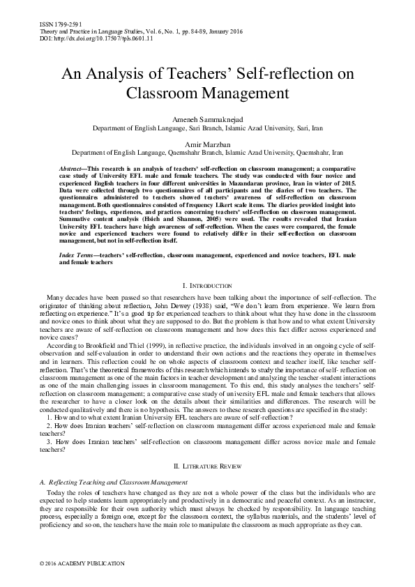 Pdf An Analysis Of Teachers Self Reflection On Classroom Management