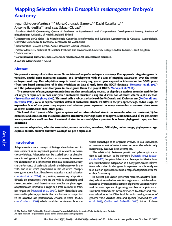 (PDF) Mapping selection within Drosophila melanogaster embryo's anatomy