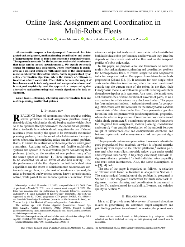 (PDF) Online Task Assignment and Coordination in Multi-Robot Fleets