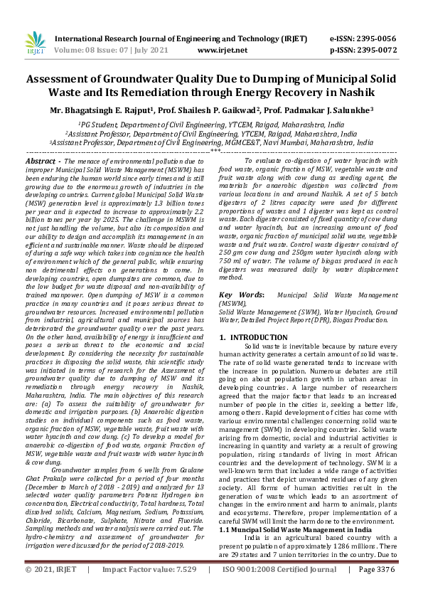 (PDF) IRJET- Assessment of Groundwater Quality Due to Dumping of ...