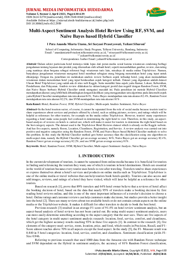 (PDF) Multi-Aspect Sentiment Analysis Hotel Review Using RF, SVM, and ...