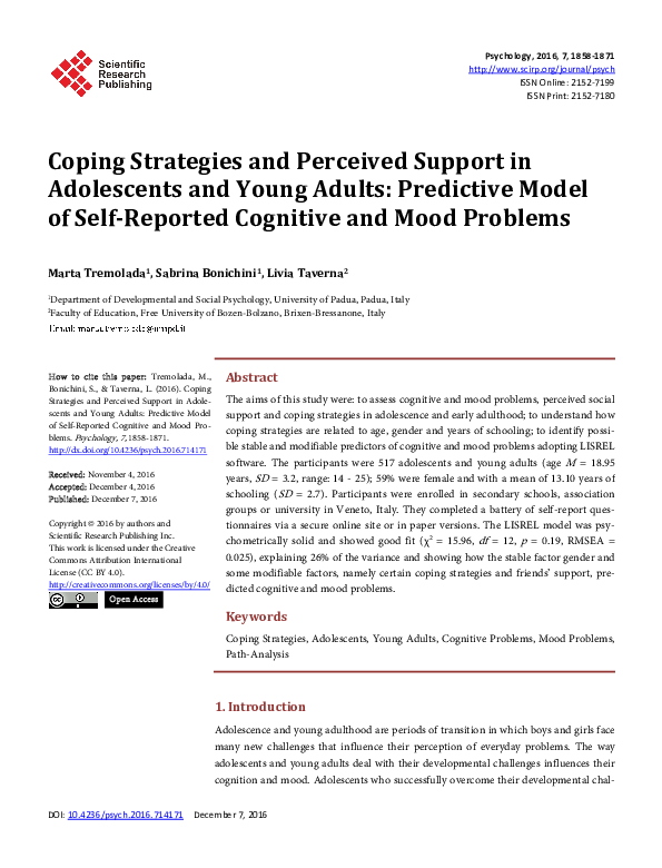 (PDF) Coping Strategies and Perceived Support in Adolescents and Young ...