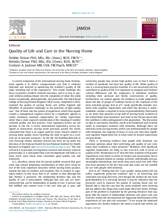 (PDF) Quality of Life and Care in the Nursing Home