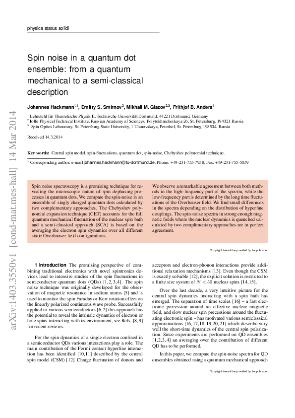 (PDF) Spin noise in a quantum dot ensemble: From a quantum mechanical ...