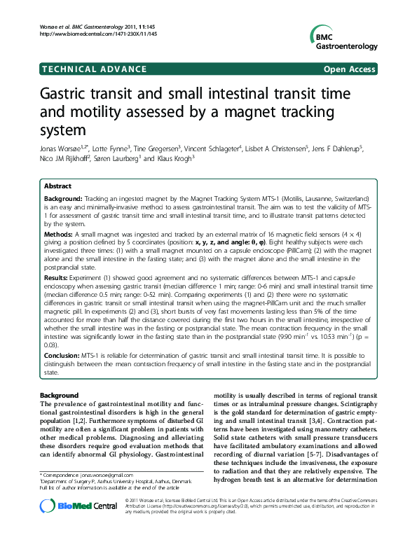 (PDF) Gastric transit and small intestinal transit time and motility