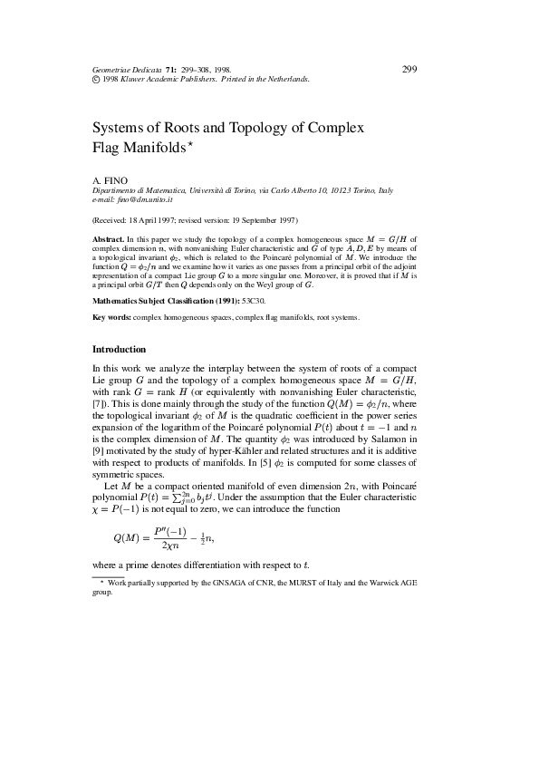 (PDF) Systems of roots and topology of complex flag manifolds